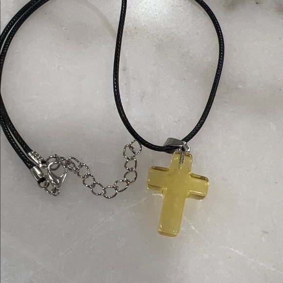 Yellow Cross Resin Pendant on Black Wax Cord Necklace - Picture 2 of 5